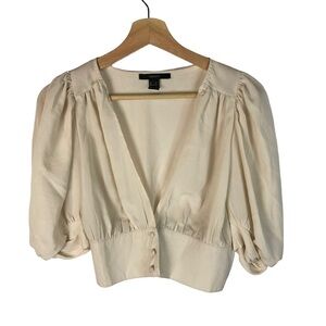 Forever 21 Cream Button Front Puff Sleeve Cropped Top S